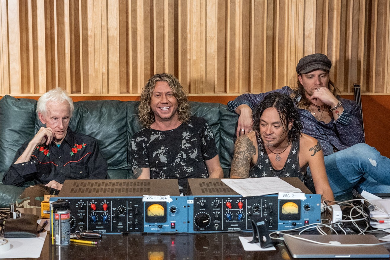 From left, The Doors' Robby Krieger, along with The Black Moods' Josh Kennedy, Chico Diaz and Jordan Hoffman listen to their new recording of "Roadhouse Blues."