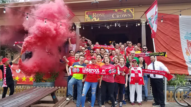 Image: The Rose and Crown Pub at halftime during the Champions League semifinal against Rome. This image was later broadcast on NBC during its coverage of the English Premier League.