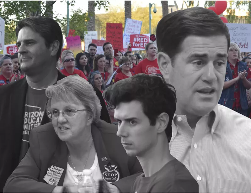 Image: From left: Joe Thomas, president of the Arizona Education Association; Superintendent of Public Instruction Diane Douglas; Arizona Educators United leader Noah Karvelis; Governor Doug Ducey.
