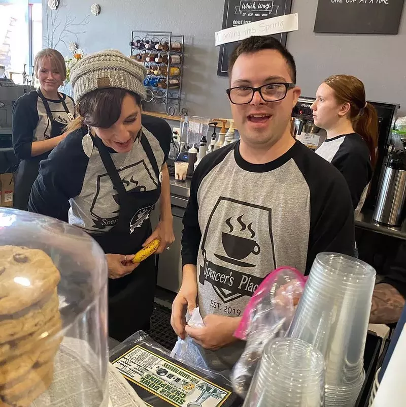 Image: Spencer's Place founder Karin York and her son, Spencer, have a laugh in his namesake coffee shop.
