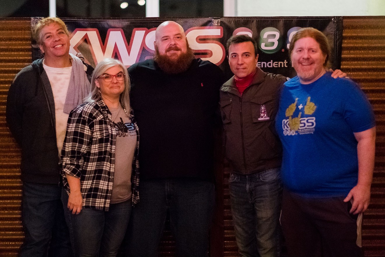 Some of the KWSS crew. From left are Jay Cairo, Dani Cutler, Dubs, Frank Magarelli, and Brian DeFox. Magarelli is the station's founder and owner; the others are volunteer radio hosts.