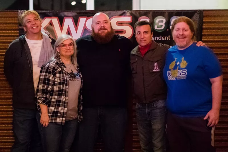 Image: Some of the KWSS crew. From left are Jay Cairo, Dani Cutler, Dubs, Frank Magarelli, and Brian DeFox. Magarelli is the station's founder and owner; the others are volunteer radio hosts.