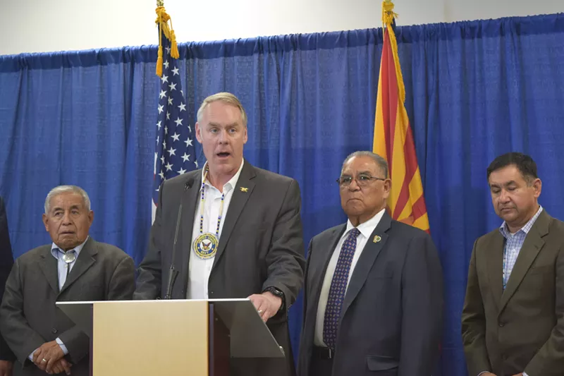 Image: Secretary of the Interior Ryan Zinke on Monday with Edward D. Manuel, chairman of the Tohono O'odham Nation, and Delbert Ray, president of the Salt River Pima-Maricopa Indian Community.
