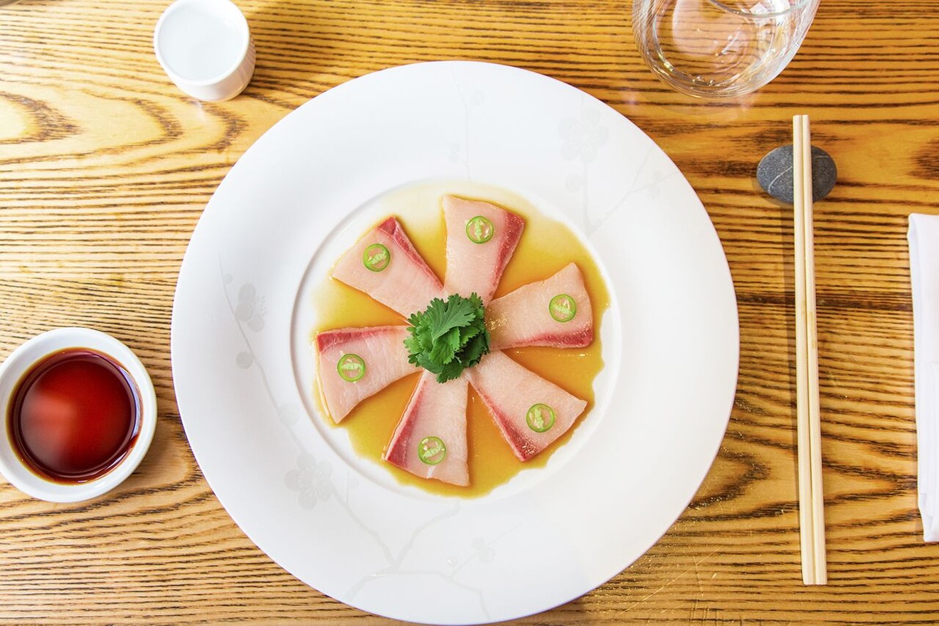 One of Nobu's signature dishes: yellowtail sashimi with jalapeño.
