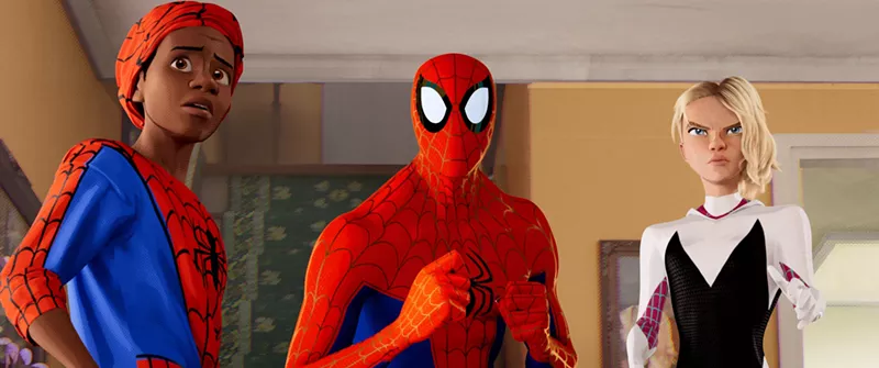 Image: Among the alternative Spider-folk in Spider-Man: Into the Spider-Verse are (from left): Brooklyn teen Miles Morales (voiced by Shameik Moore), the 40ish Peter Parker (voiced by Jake Johnson) and Spider-Gwen (voiced by Hailee Steinfeld).