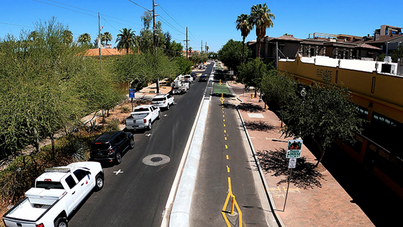 Image: A new two-way protected bike lane runs along 3rd Avenue in Central Phoenix between Roosevelt Street and McDowell Road.