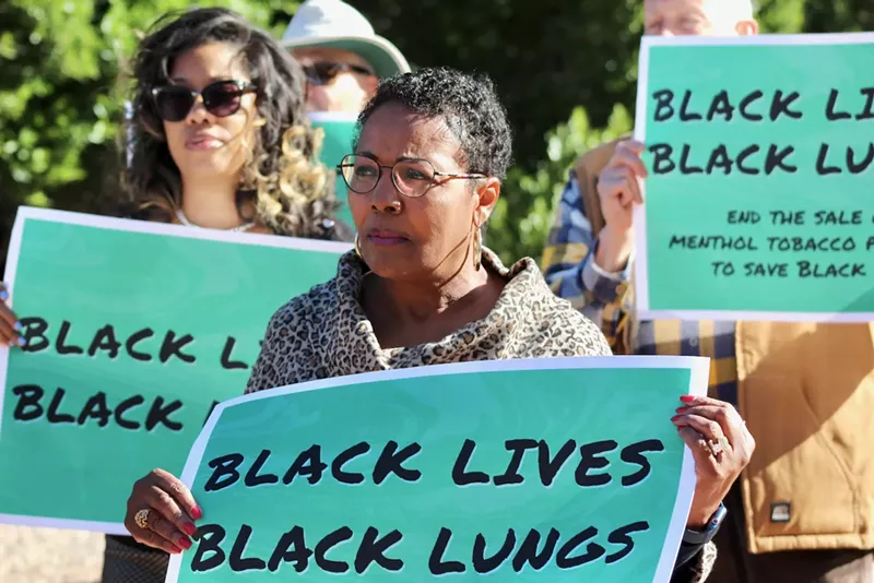 Image: A coalition of Black civic activists, including Cynthia Smitherman, rallied on February 23 to urge the Tempe City Council to ban the sale of flavored nicotine products.