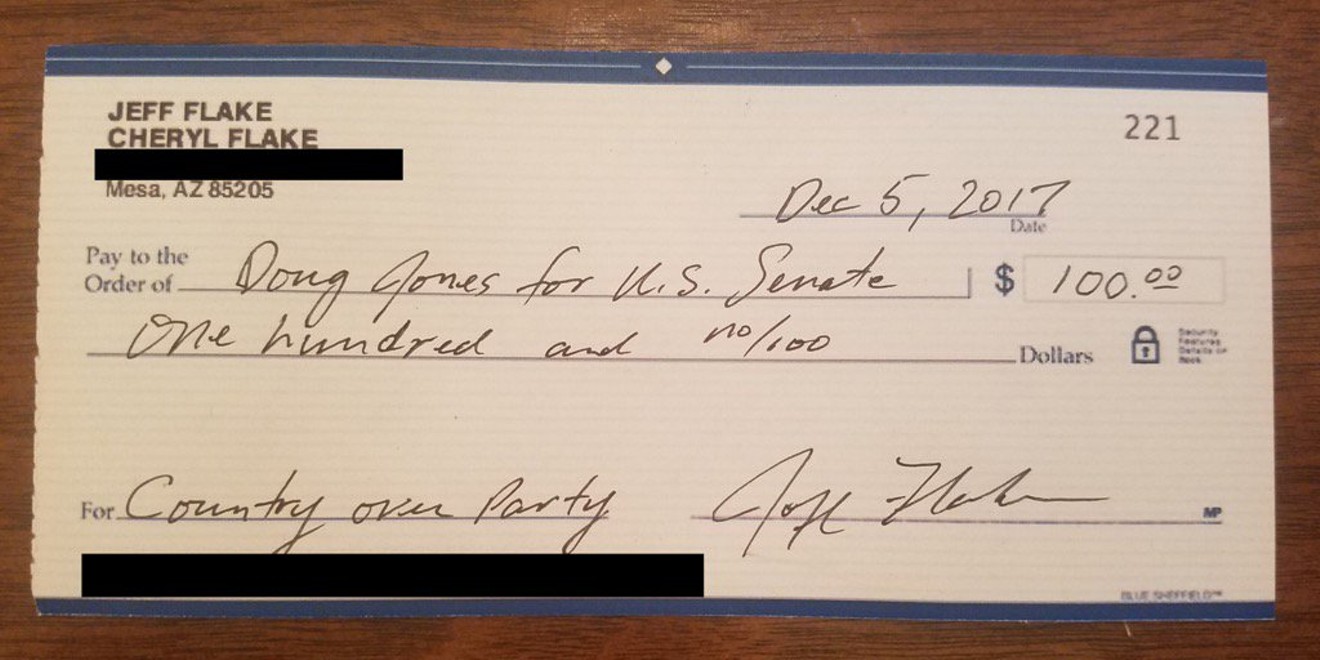 Alabama Senate candidate Doug Jones, a Democrat, earned a $100 donation from Arizona Senator Jeff Flake.