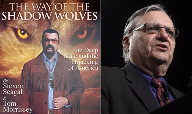 Image: Left: the cover of a new novel from actor Steven Seagal and former Arizona Republican Party chairman Tom Morrissey.