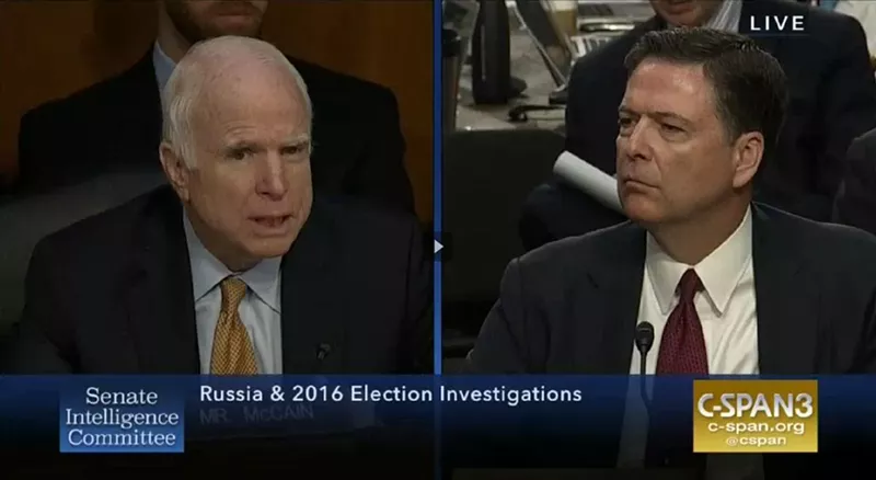Image: Arizona Senator John McCain has been one of the president's biggest critics, but gave a backhanded defense of Trump during his grilling of former FBI chief James Comey on Thursday.