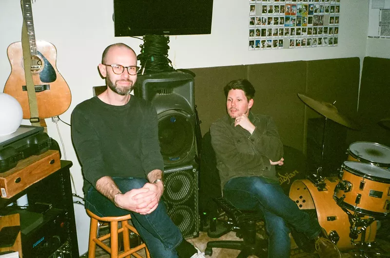 Image: Zachary Toporek (L) and Jason P. Woodbury (R) of JPW + Dad Weed celebrate the release of their record, Amassed Like A Rat King, on Saturday, June 14, at the Dirty Drummer in Phoenix.