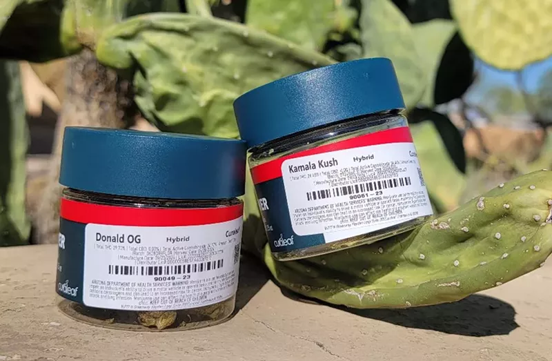 Image: in front of a cactus are weed containers with names "Donald OG" and "Kamala Kush"