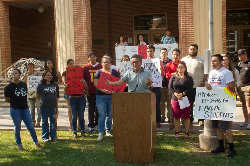 Image: Attorney Daniel Ortega speaks with DACA students at Phoenix College shortly after the Arizona Court of Appeals' announcement.