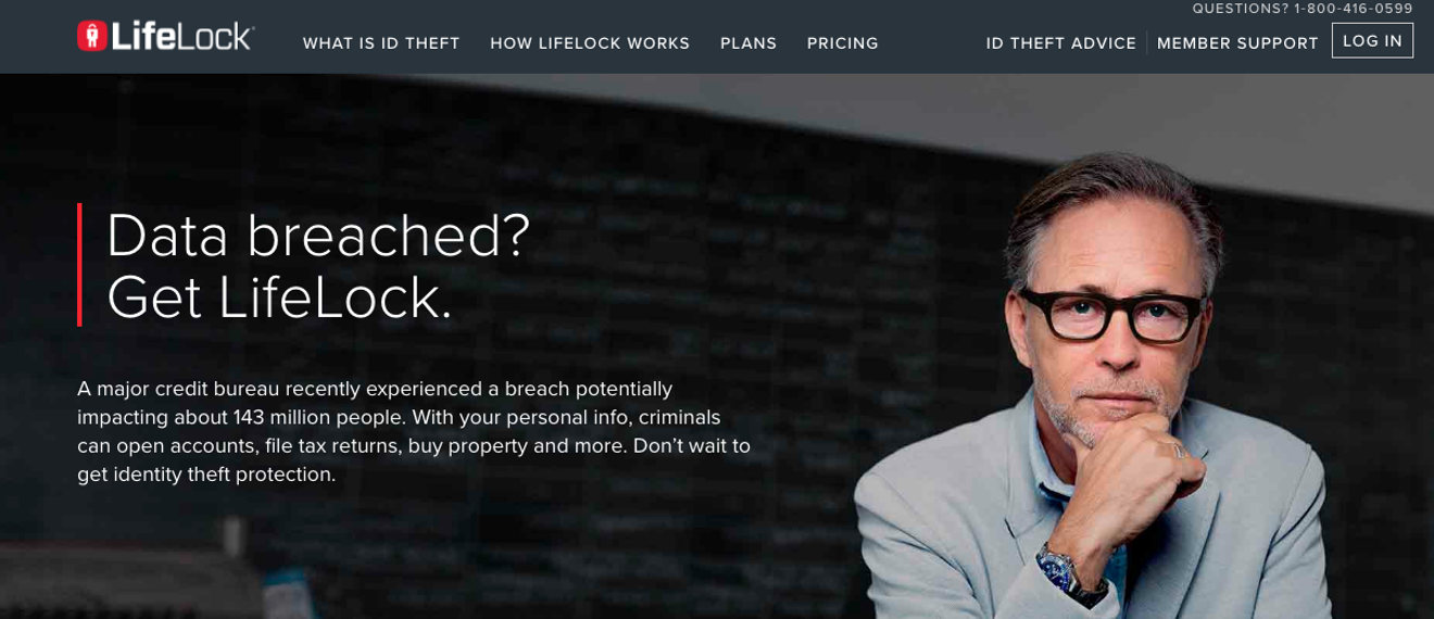 LifeLock is capitalizing on the Equifax hack with a message on the company's homepage.