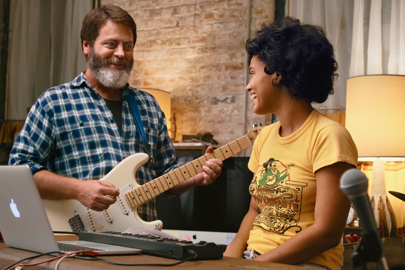 Nick Offerman (left) plays record store owner Frank, whose daughter Sam (Kiersey Clemons) is about to go to UCLA as a premed student, in director Brett Haley's new film Hearts Beat Loud.