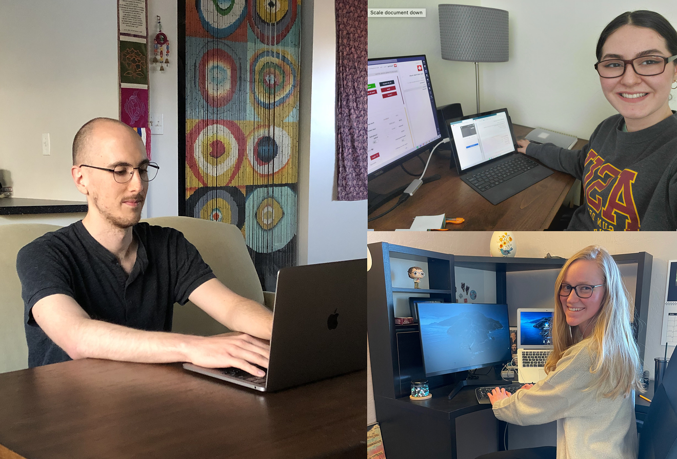 Three contact tracers working on a team out of ASU pose at their work spaces. Clockwise from left: Ben Van Maren, Issa Jimenez Espinoza, and Catie Carson.