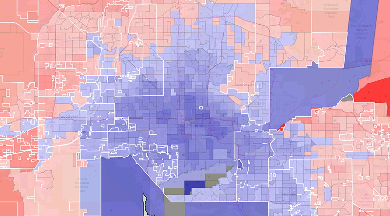 Image: a map of maricopa county with voting precincts shaded red or blue