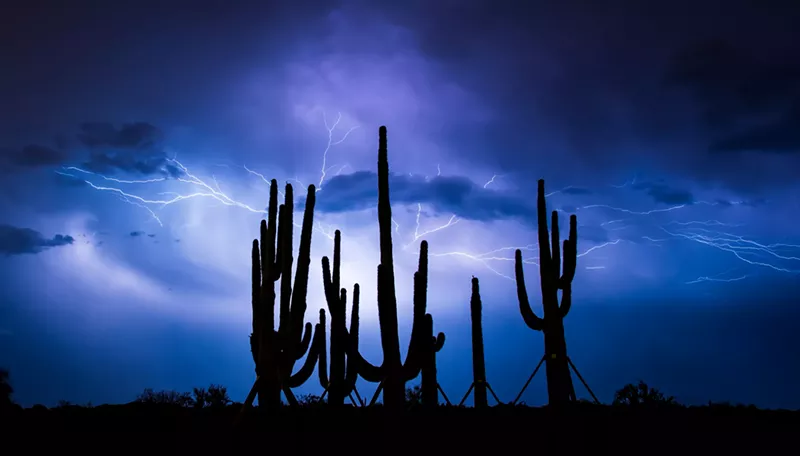 Image: lightning striking behind the silhouettes of saguaro cacti