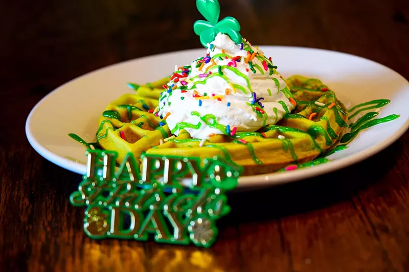 Image: March means emerald food is in your future, like this Belgian waffle from The Bread and Honey House, topped with whipped butter, cream cheese and a green vanilla glaze.
