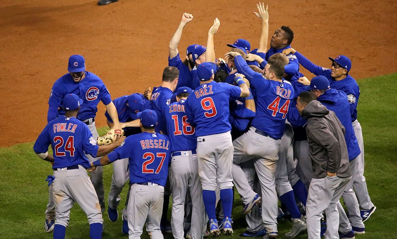 Cubs celebrating their World Series win on November 3, 2016.