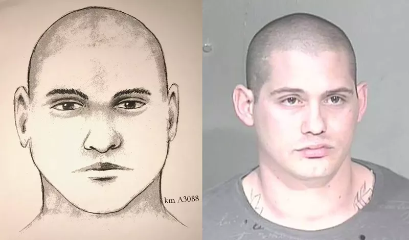 Image: The sketch a police artist made from Jeffery Wellmaker's description of Travis Ricci and an actual photo of Ricci.