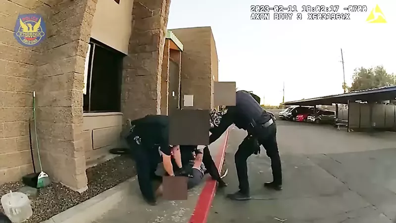 Image: Phoenix police officers are seen using a hobble to restrain Bryan Funk in bodycam footage of the February 11 incident.