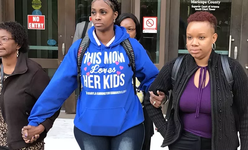 Image: Sylvia Norwood, right, mother of the deceased girl, Sanaa Cunningham, following a hearing for Germayne Cunningham in January.