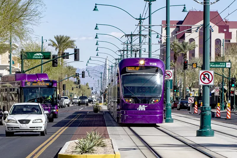 Image: Valley Metro Rail stops at a station.
