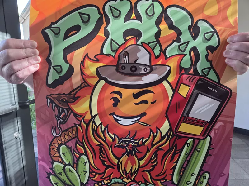 Image: a photo of a street-art-style poster with phoenix iconography