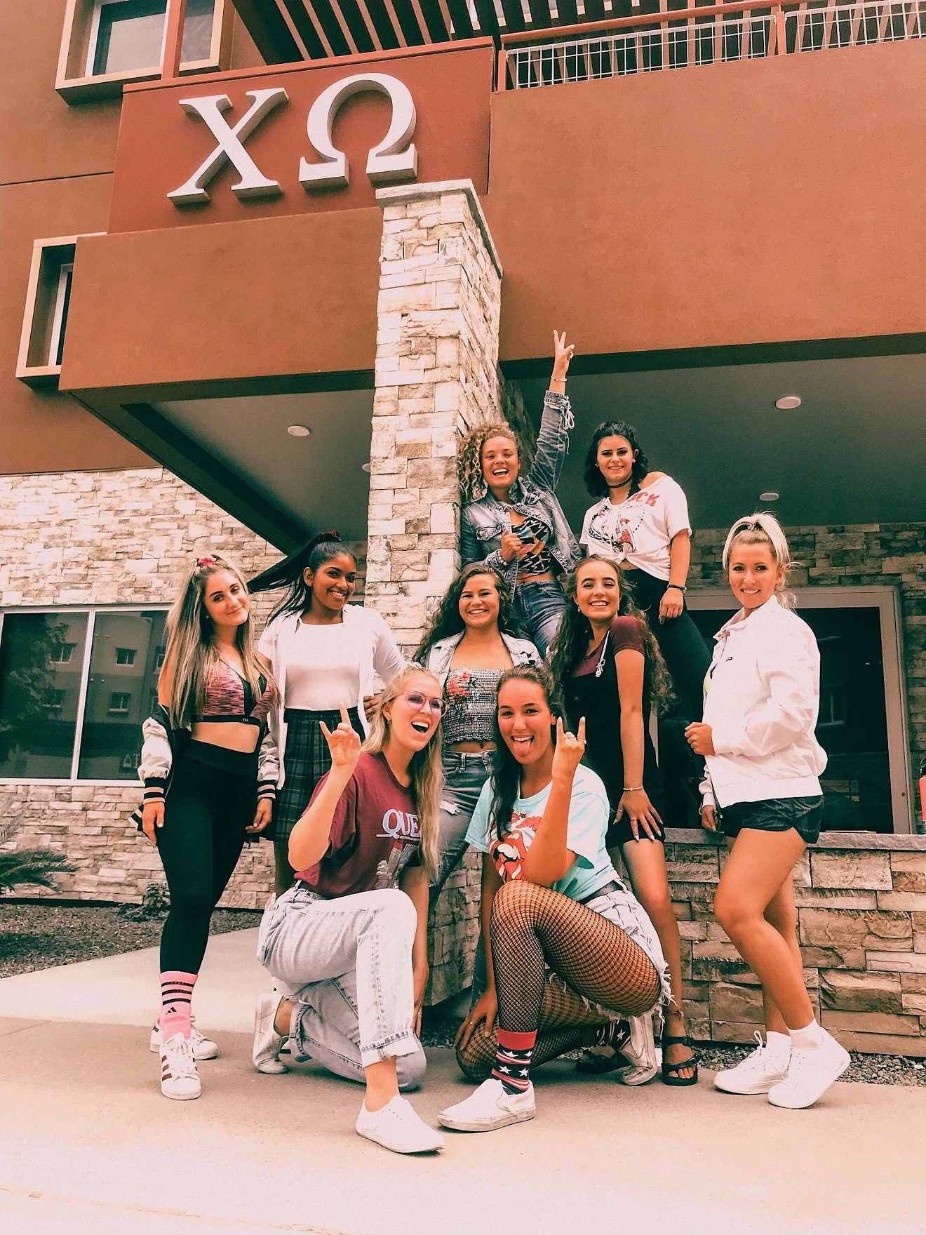 Members of ASU's chapter of Chi Omega sorority pose at the newly constructed Greek Leadership Village.