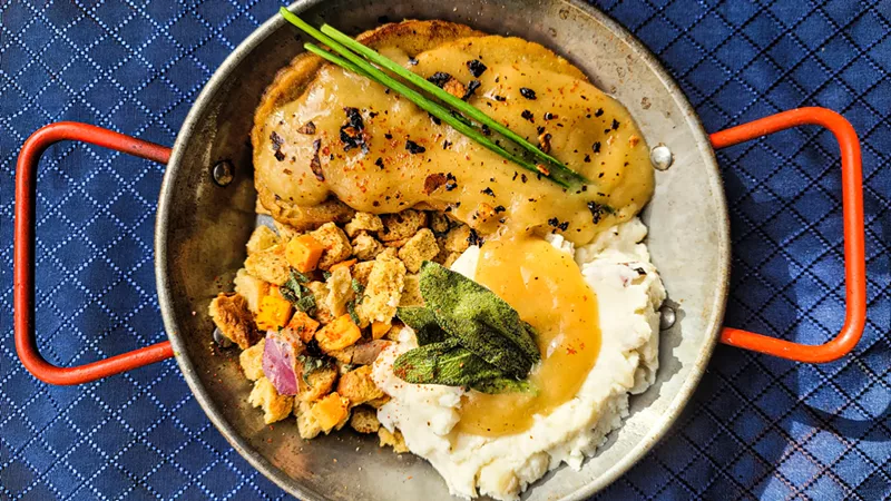 Image: The Vegan Taste's Thanksgiving week menu includes "turk’y" with mashed potatoes and stuffing.