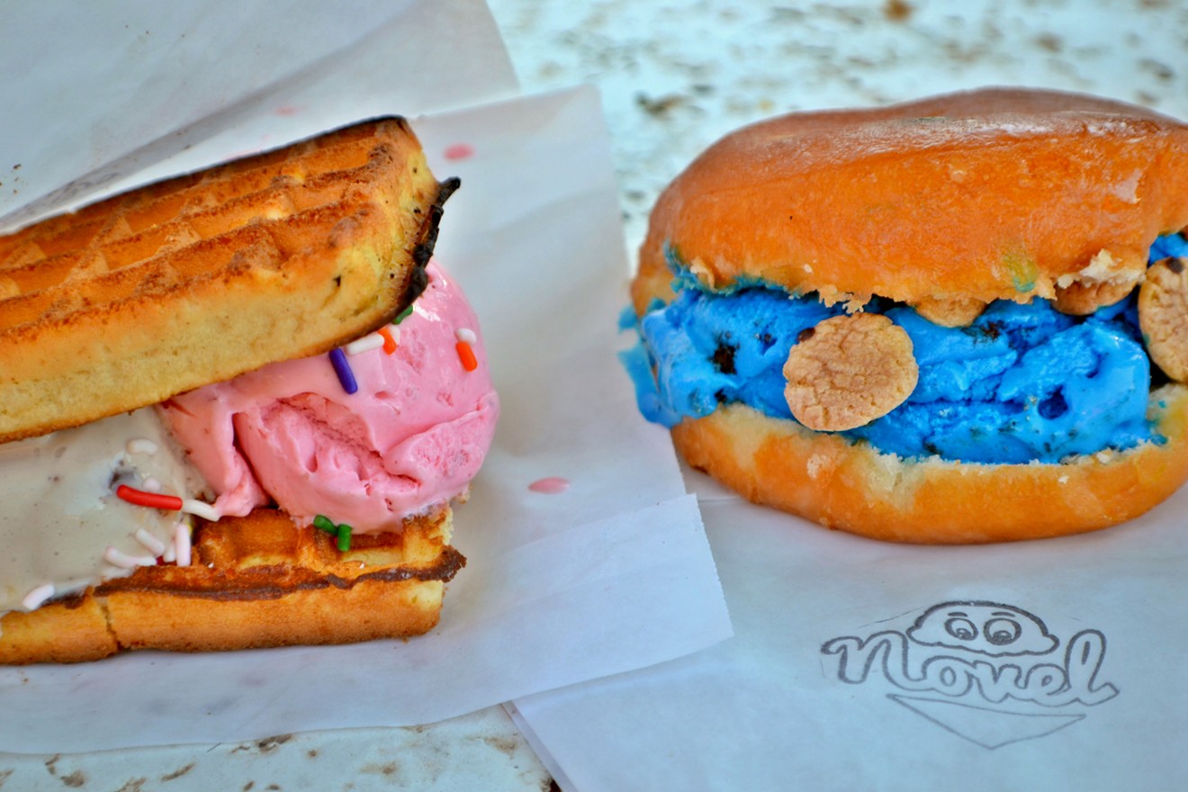 A Lesley Knope waffle sandwich (left) with strawberry and bourbon caramel toffee crunch ice cream,  and The Dough Melt (right), a glazed doughnut stuffed with the shop's bright blue Cookie Monster ice cream.