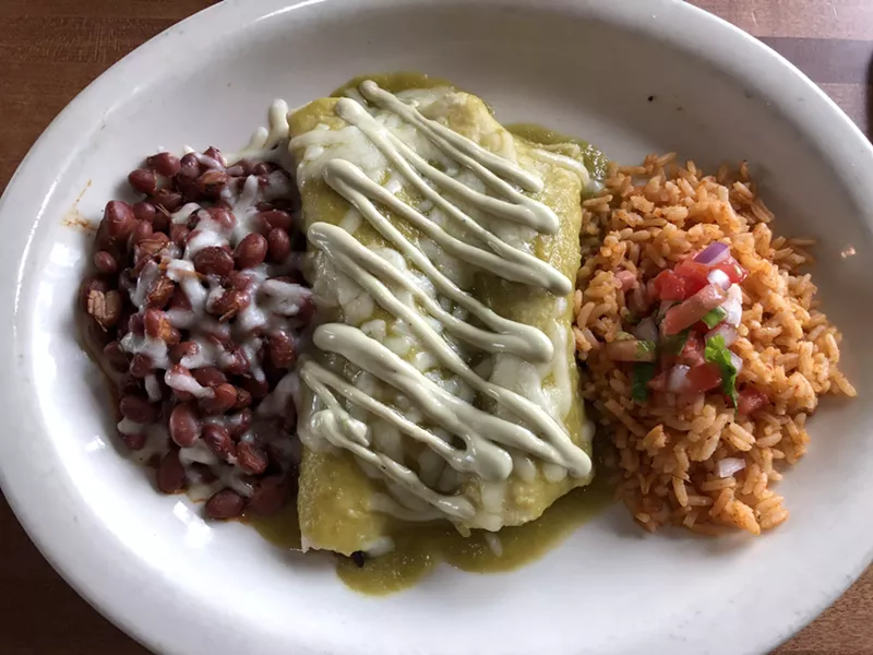 Image: Green chile pork enchiladas from Cocina Madrigal.