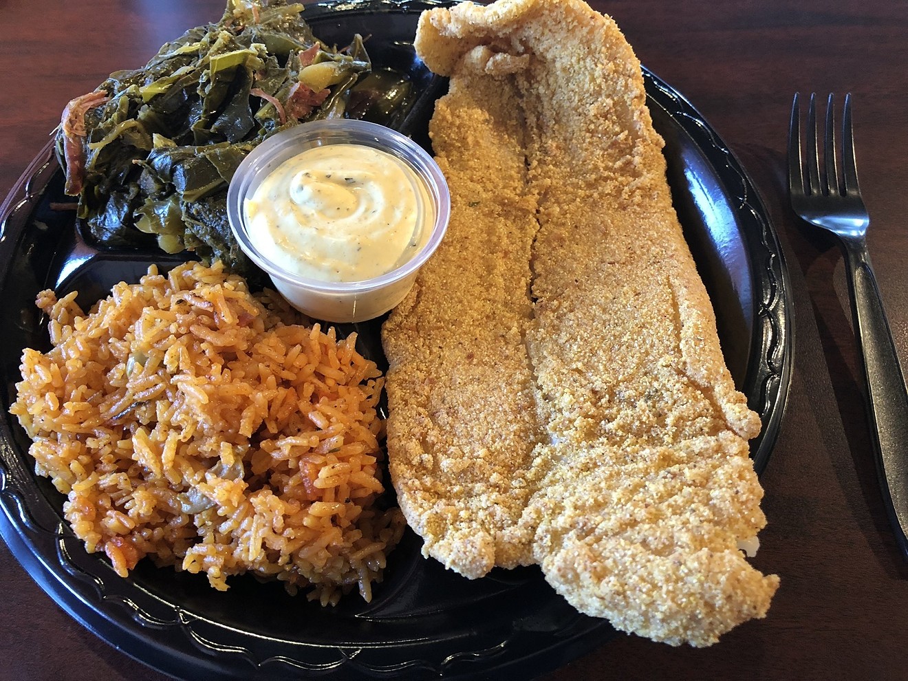Fried swai, rice, and collards from Rhema Soul Cuisine, now in Phoenix.