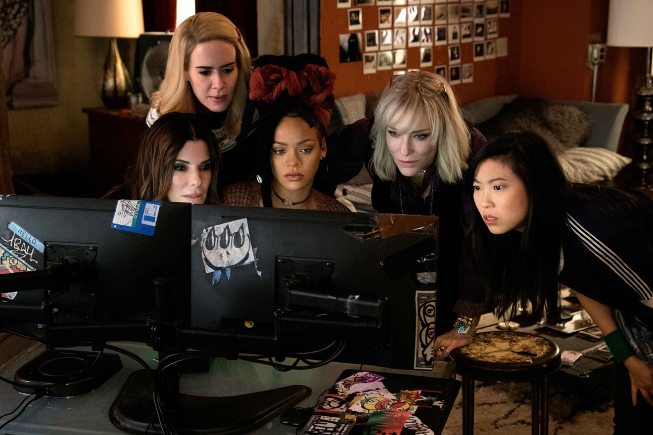 The all-star cast of Ocean's 8 that includes (from left) Sandra Bullock, Sarah Paulson, Rihanna, Cate Blanchett and Awkwafina gets upstaged by James Corden, but through no fault of the women.