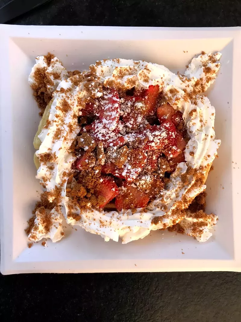 Image: The strawberry "shortcrepe" is topped with whipped cream, strawberries, and biscotti crumbs.
