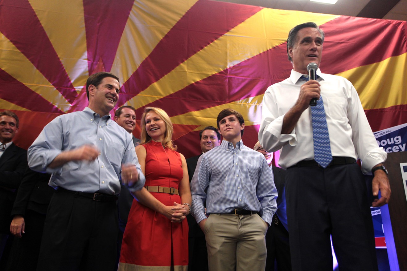Joe Ducey, second from right, in 2014 at a political rally with his parents, Mitt Romney, Jeff Flake, and Mark Brnovich.