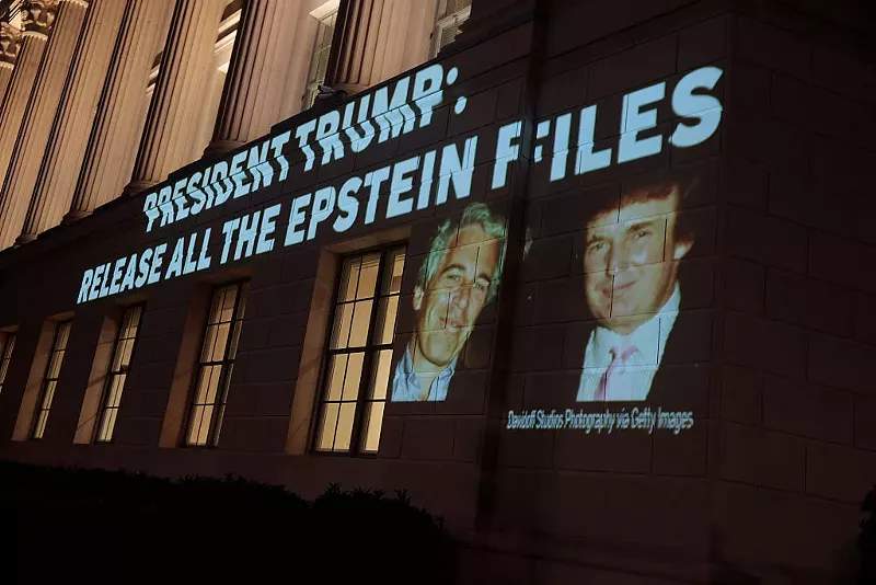 Image: An image of Donald Trump and Jeffrey Epstein, along with the words “President Trump: Release All the Epstein Files,” is projected onto the U.S. Chamber of Commerce building on July 18.