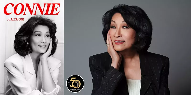 Image: A composite image of a book cover and an Asian woman.