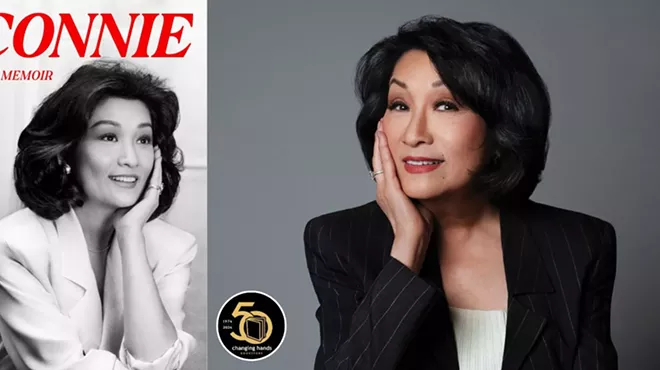 A composite image of a book cover and an Asian woman.