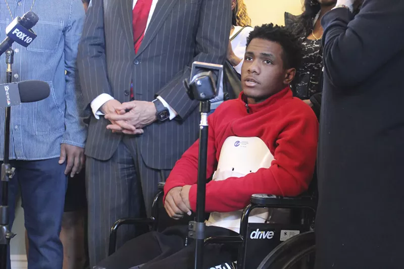 Image: Devin Thompson in a wheel chair
