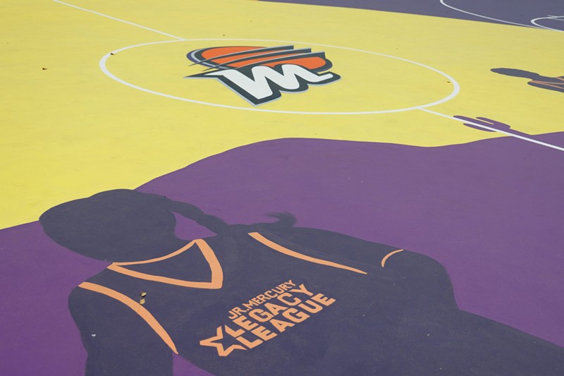 The design highlights Mercury players like Diana Taurasi and Brittany Griner alongside a silhouette of a Jr. Mercury Legacy League member.