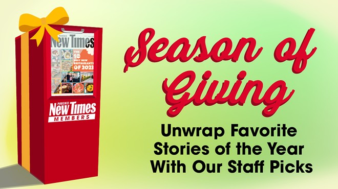 Graphic with a newsstand wrapped in a bow and the title "Season of Giving, unwrap favorite stories of the year with our staff picks."