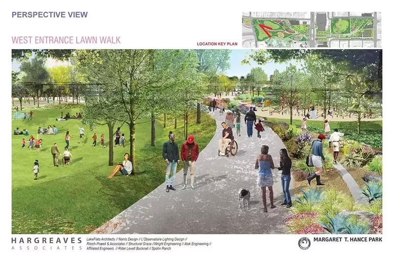 Image: A now-deleted rendering of the proposed improvements to Hance Park featured the rapper Drake in a wheelchair (at center).
