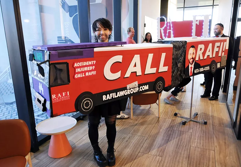 Image: Local cosplayer Mastiff created a 12-foot-long Valley Metro bus wrapped in a Rafi advertisement.