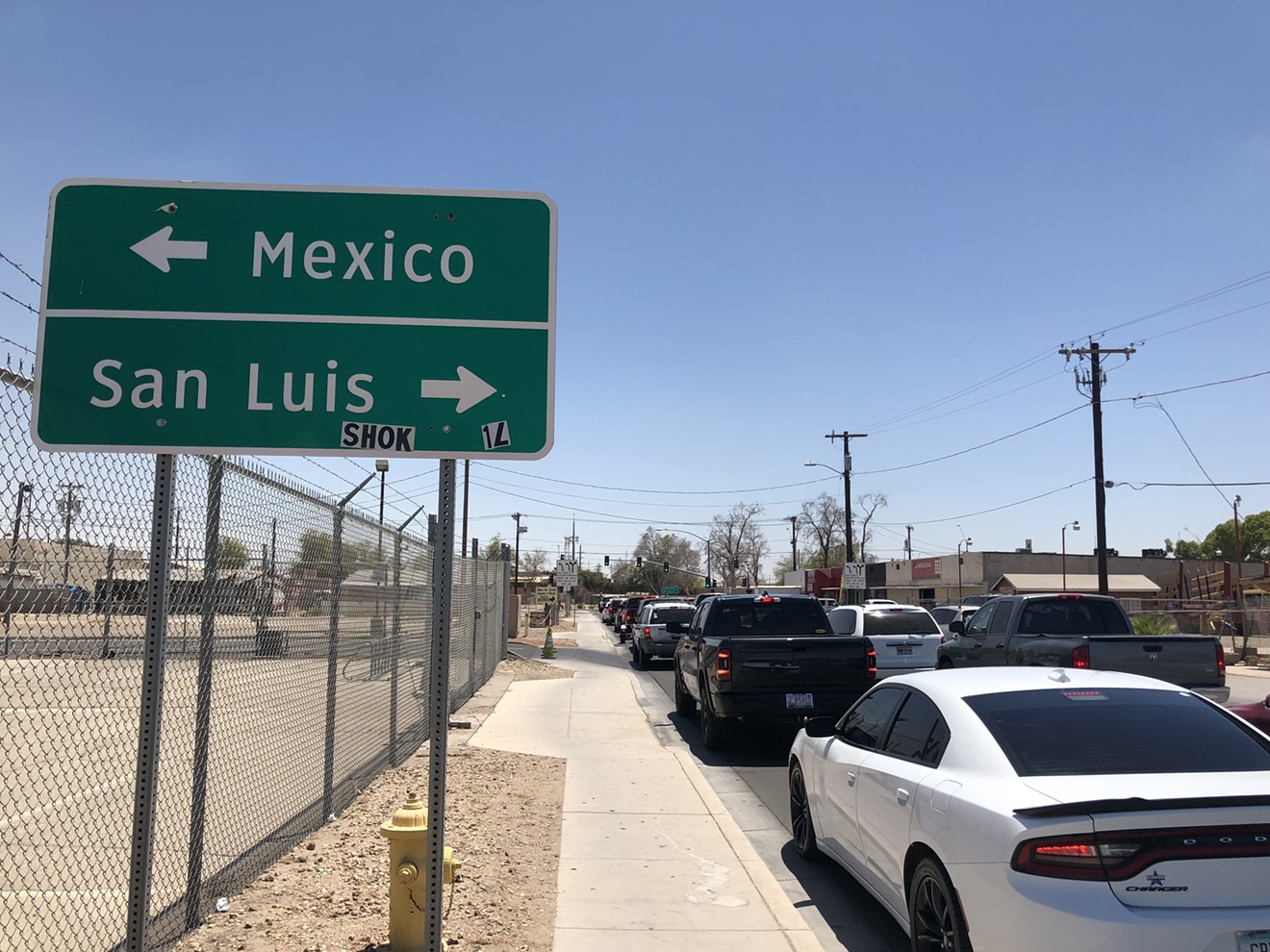 Cars waiting outside the San Luis Port of Entry in San Luis, Arizona.