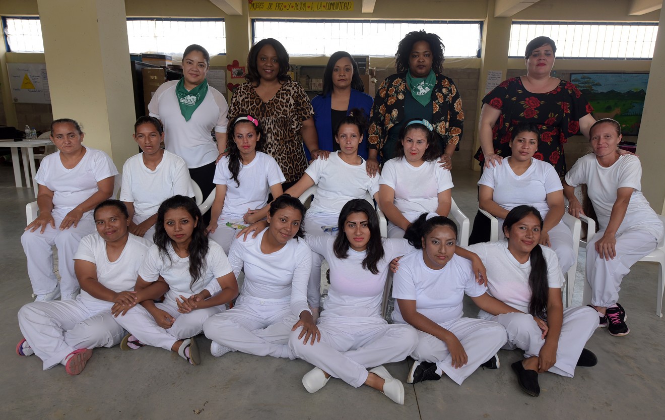 Representatives Cindy Polo [D-FL], Merika Coleman  [D-AL], Stephanie Howse [D-OH], Raquel Terán [D-AZ], and Senator Nikema Williams [D-GA] inside Izalco Prison with 13 women who have been imprisoned as a result of the total abortion ban.