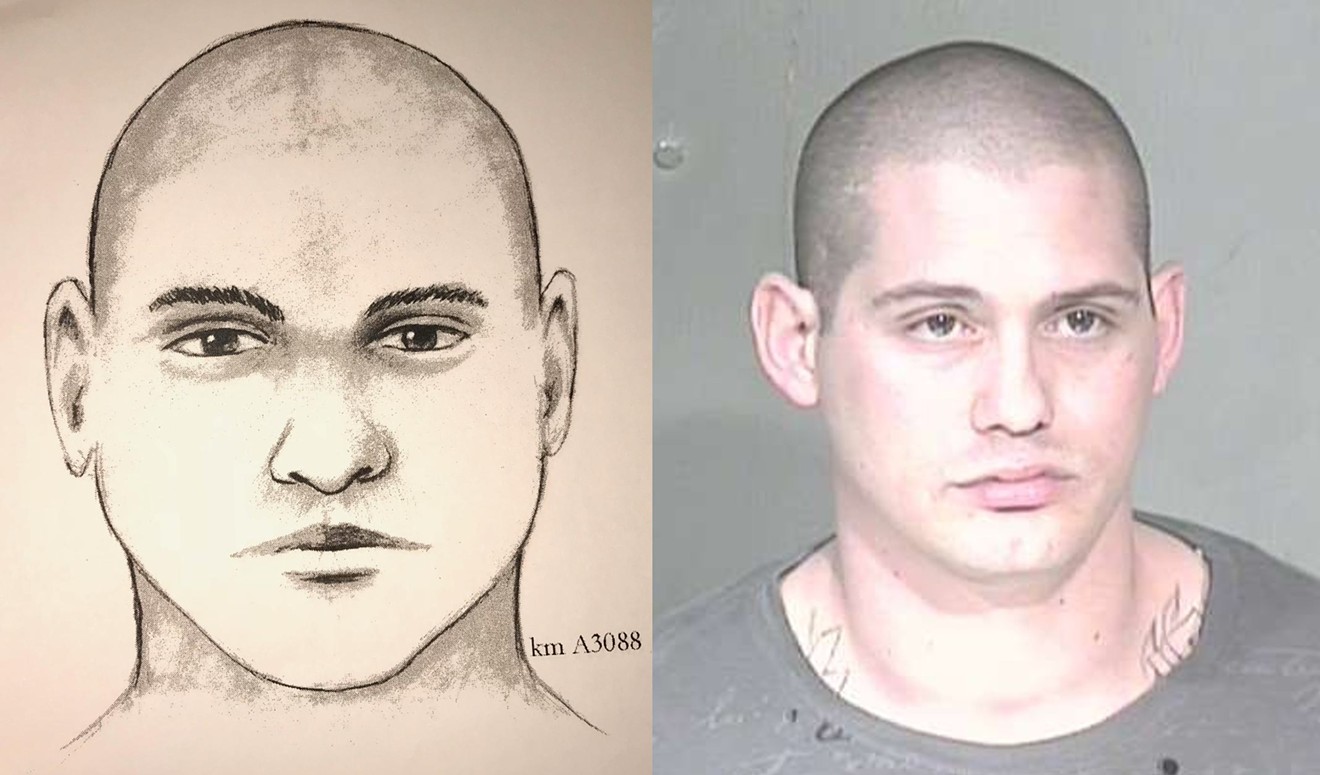 The sketch a police artist made from Jeffery Wellmaker's description of Travis Ricci and an actual photo of Ricci.
