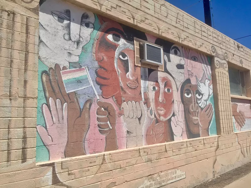 Image: The south-facing wall of The Prayer of St. Francis mural on the Hansen Mortuary building at 16th Street and Thomas Road.