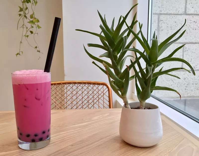 Image: The Ruze – the new signature boba tea drink at Ruze Cake House that is naturally hot pink.